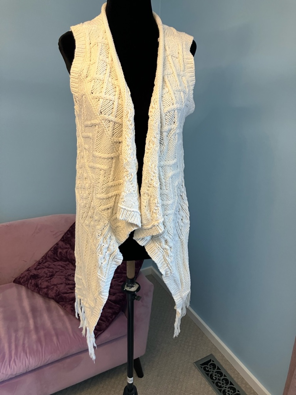 Sonoma Cream Open-Front Knit Fringe Vest